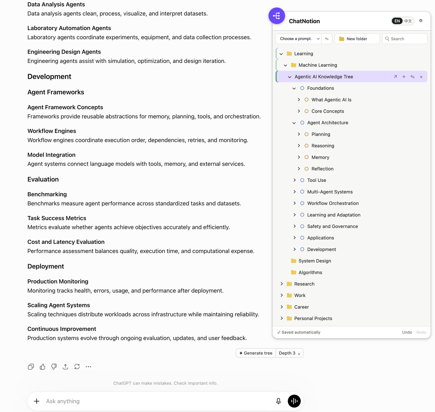 A finished, structured ChatGPT answer with the Generate tree button highlighted below it, and the ChatNotion panel on the right showing the answer turned into an expandable knowledge tree