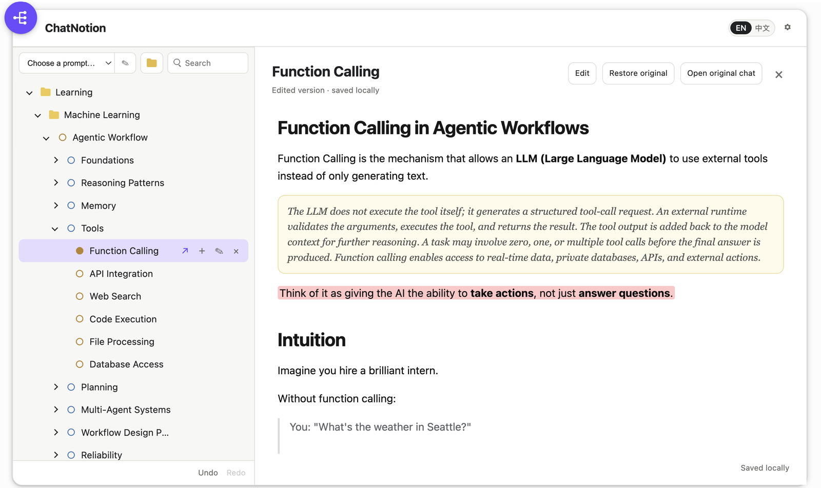 A ChatNotion node expanded into a wide Notion-style note page: the tree on the left, and the ChatGPT content on the right rendered as an editable, highlighted Markdown document with Edit, Restore original, and Open original chat controls